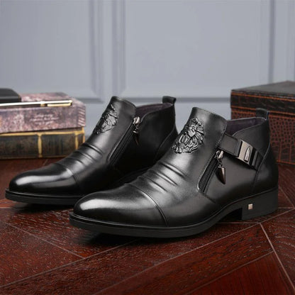 Italian Hand-embossed Zipper Leather Short Boots