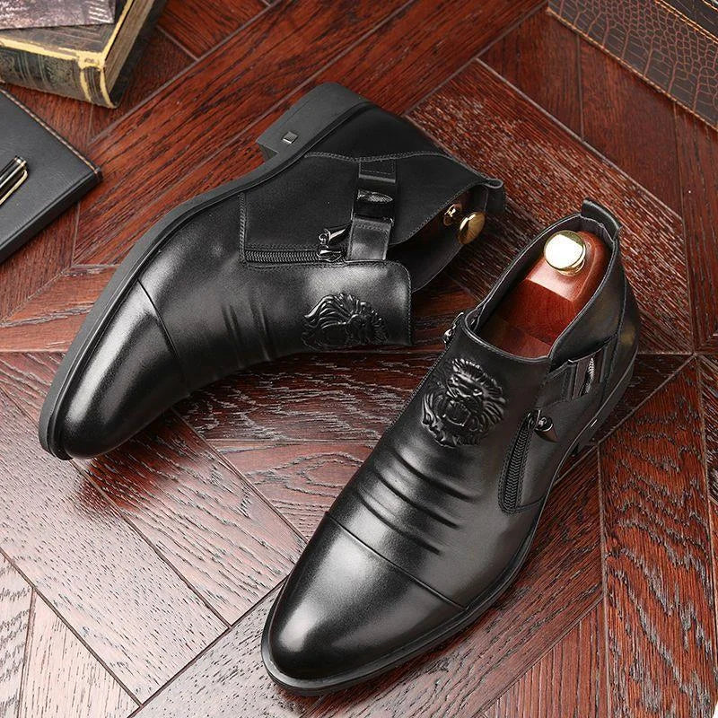 Italian Hand-embossed Zipper Leather Short Boots